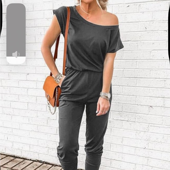 Gray Off-Shoulder Jumpsuit with Tapered Legs - Picture 3 of 5